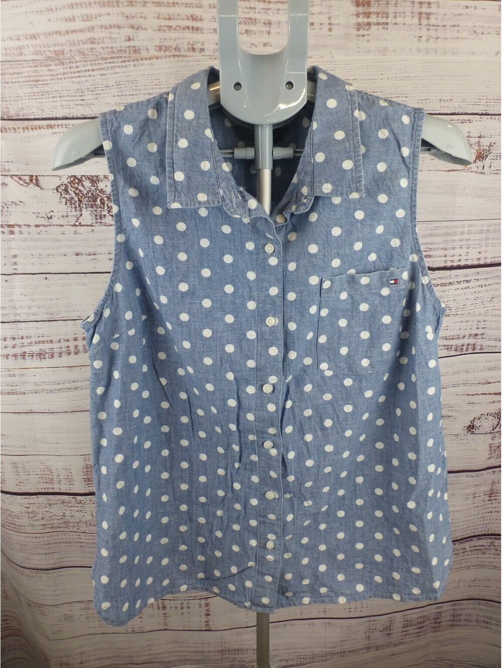 Tommy Hilfiger Women's Blue Polka Dot Sleeveless Button-Up Blouse Top Size L K5